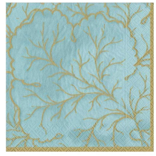 A Caspari Gilded Majolica Aqua cocktail napkin with gold floral embroidery and dotted details, made from triple-ply material.