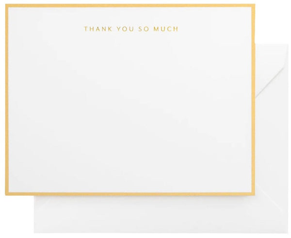 A Sugar Paper Boxed Set, Thank You So Much thank-you card with a gold border and "thank you so much" letterpress printed in gold at the top, accompanied by a white envelope.