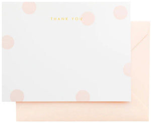 The Sugar Paper Pink Dot "Thank You" Card Set features white cards with light pink polka dots, gold foil "THANK YOU" text, and matching light pink envelopes—a stylish way to express your gratitude.