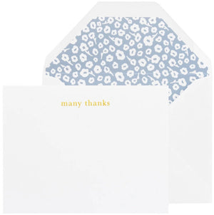 The Sugar Paper Floral "Many Thanks" Card Set includes a white letterpress card with gold text and a matching envelope lined in blue and white floral—perfect for thoughtful thank you notes.