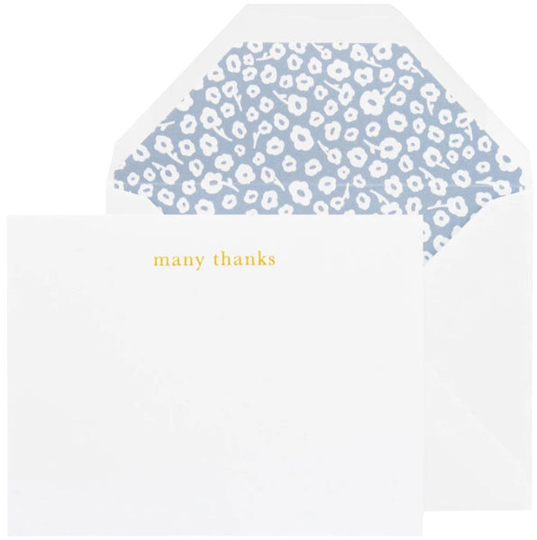 A Many Thanks Floral Boxed Note Set with "many thanks" letterpress printed on the front and a floral pattern on the envelope lining by Sugar Paper.