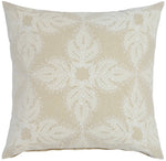 The Verdin Sand Euro Pillow by John Robshaw is a square beige throw pillow made of a cotton linen blend, showcasing a white embroidered leaf motif in a symmetrical, star-like design.