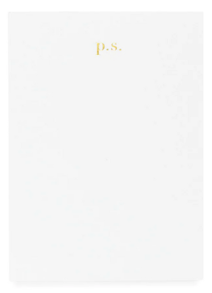 A Sugar Paper Mini Pad White PS notepad with the initials "p.s." printed at the top center in gold lettering.