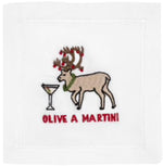 August Morgan's Olive A Martini Cocktail Napkins feature classic hemstitching and an embroidered reindeer with decorated antlers by a martini glass, plus "OLIVE A MARTINI" in red lettering.