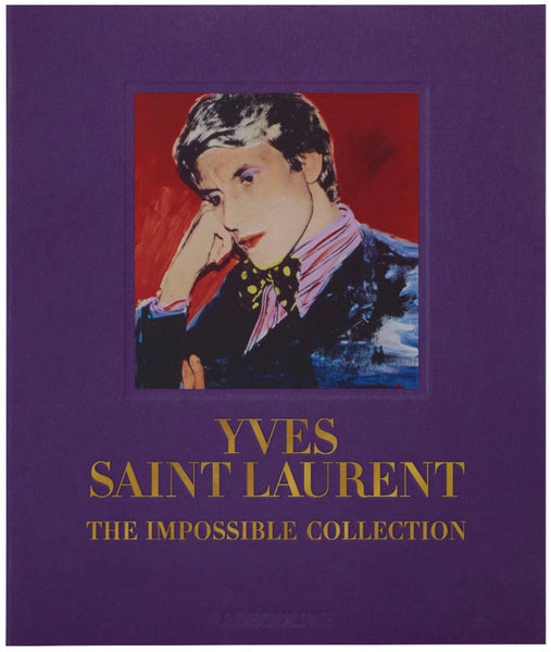A book cover titled "The Impossible Collection: Yves Saint-Laurent" by Assouline featuring a portrait of yves saint laurent with a contemplative expression.