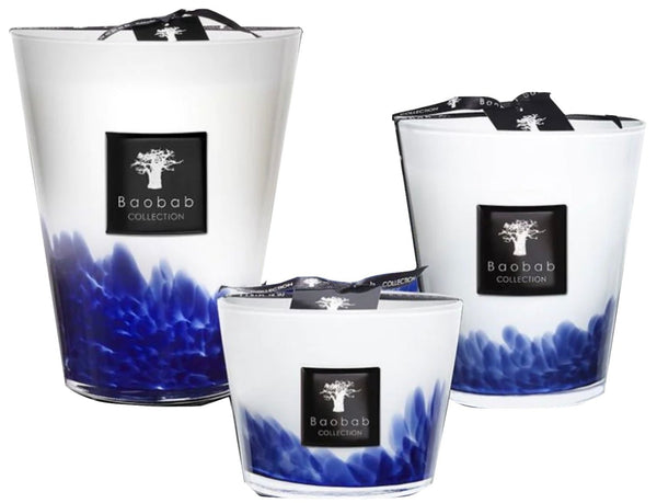 Three Baobab Feathers Touareg Candle Collection scented candles of varying sizes with blue and white gradient design, infused with mint jasmine aroma.