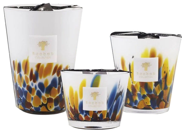 Set of three Baobab Rainforest Mayumbe Candle Collection candles in varying sizes with a vibrant, feather-like pattern and a tropical forest fragrance.
