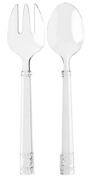 The Juliska Isabella Acrylic Salad Servers set includes a lightweight, shatterproof serving fork and spoon with beaded handles, offering lasting durability and elegance. Shown side by side on a white background.