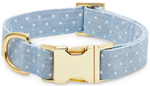 Blue polka-dotted Foggy Dog Fabric Dog Collar featuring luxe gold hardware and an adjustable fit for various neck sizes.