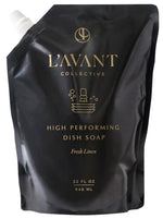 L’Avant Collective High Performing Dish Soap Refill, Fresh Linen, 32 fl oz (946 ml) delivers plant-based, eco-friendly cleaning for dishes. Features a black pouch with gold logo and text.