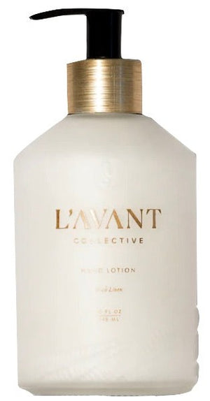 The L’AVANT Collective Fresh Linen Hand Lotion comes in a white frosted pump bottle with a gold dispenser and gold text label. Made with plant-based ingredients, it pampers your skin with a luxurious touch.