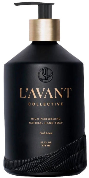 L'Avant Collective Fresh Linen Hand Soap, 16 fl oz (473 mL), in a black eco-luxe bottle with gold pump and text, features plant-based ingredients and a refreshing Fresh Linen scent.