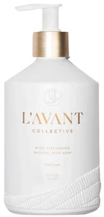 L’Avant Collective’s High Performing Dish Soap, Fresh Linen, comes in a white refillable glass bottle with a pump and gold accents.