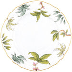 A white porcelain plate from Herend’s Foret Garland Collection features a scalloped gold rim and hand-painted green leaves with pink flowers spaced around the border.