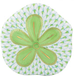 The Herend Puffy Sand Dollar is a decorative plate with hand-painted green and gold floral patterns, blue accents, and a white background—an exquisite piece for true artistic appreciation.