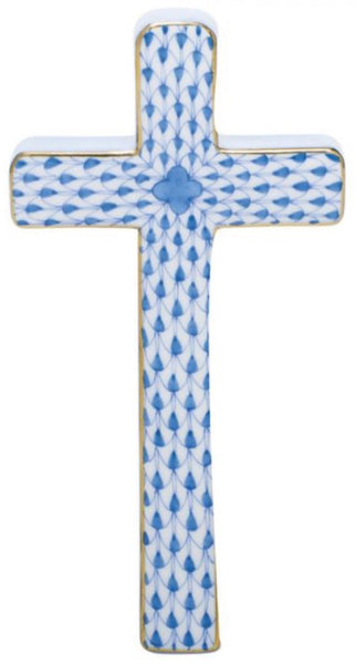 Decorative Herend porcelain cross featuring a blue and white floral pattern with a central flower design, hand-painted for artistic appreciation.
