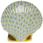 Herend Miniature Scallop Shell in porcelain, featuring a green and white hand-painted scale pattern and a gold-colored base.