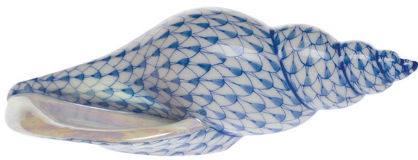 A hand painted Herend Tulip Shell porcelain figurine with blue and white fish scales.
