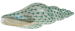 The Herend Tulip Shell is a porcelain seashell-shaped dish with a green fish scale pattern and glossy finish, featuring exquisite hand-painted designs for true artistic appreciation.