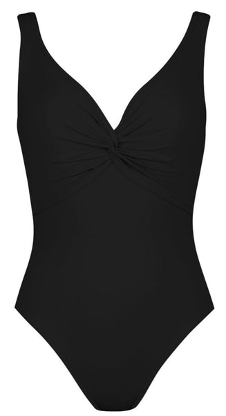 Karla Colletto Basics Twist Underwire Tank one-piece swimsuit with a v-neckline and gathered fabric detail at the bust, designed to support the female form.