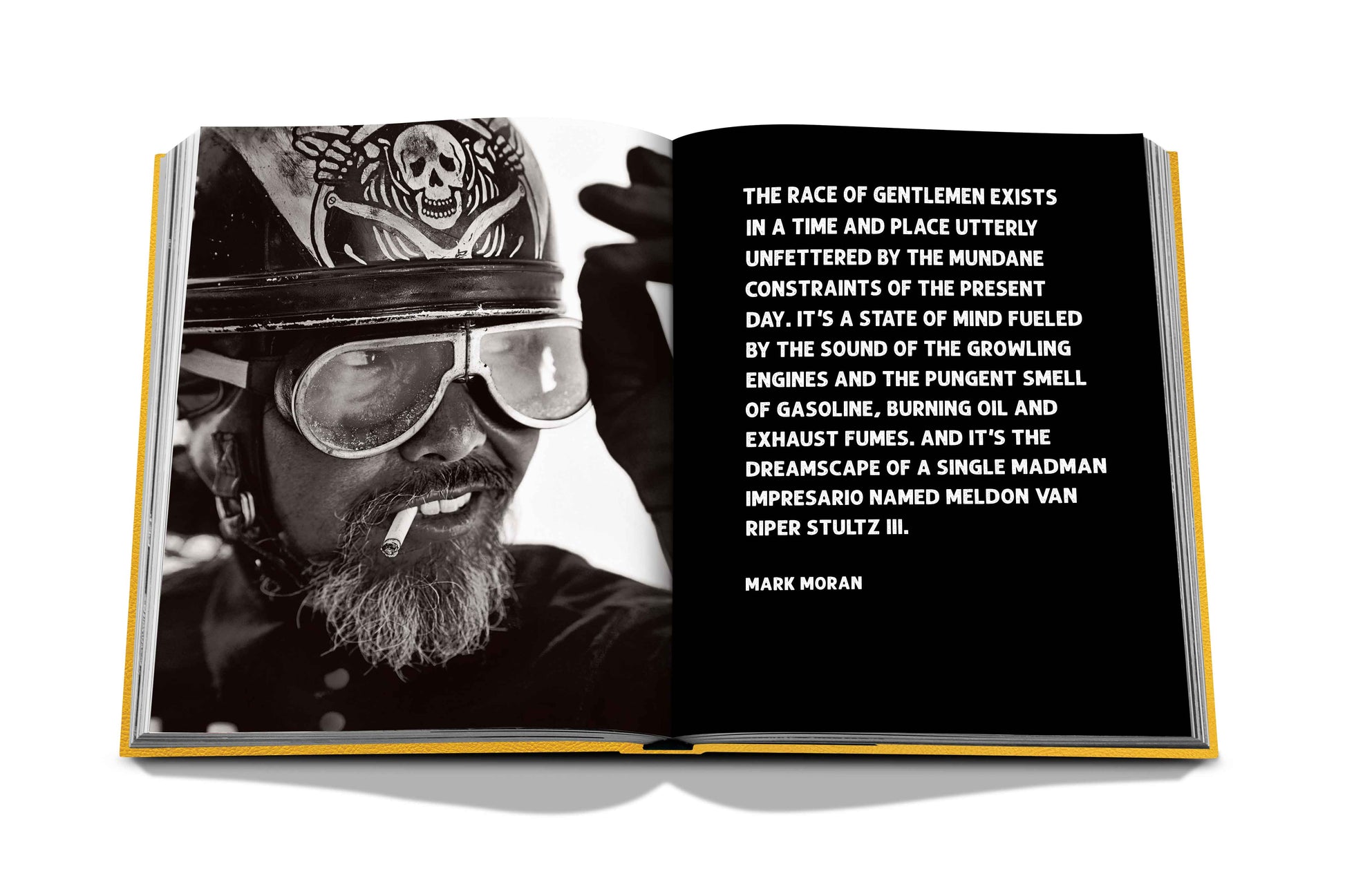 Open Assouline book featuring an article with a portrait of a bearded man on the left and text about 'The Race of Gentlemen and American hot rod culture' on the right.