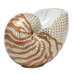 The Reserve Collection Nautilus by Herend is a multicolor ceramic vase shaped like a nautilus shell, adorned with hand-painted gold geometric patterns and brown organic lines—perfect for artistic appreciation.