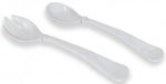Two white plastic utensils—a spork and a spoon—rest side by side on a white background, evoking the elegant style of Beatriz Ball's Vida Havana Melamine Salad Servers.