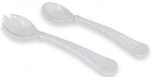 Two white plastic utensils—a spork and a spoon—rest side by side on a white background, evoking the elegant style of Beatriz Ball's Vida Havana Melamine Salad Servers.