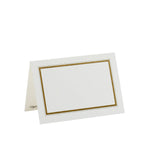 A blank, folded Caspari White with Gold Border Place Card made from high-quality cardstock, standing upright on a white background.