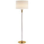 A Visual Comfort Riga Floor Lamp in Antique Brass and Crystal with a white linen shade.