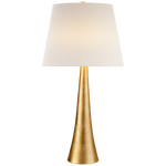A modern Dover table lamp with a 7 inch round gold base and a white lampshade by Visual Comfort.