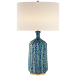 The Culloden Table Lamp by Visual Comfort features a tall, pebbled aquamarine base and a large white linen shade, shown against a plain background.