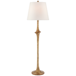 A Visual Comfort Bates Large Sculpted Floor Lamp in Gilded Iron with a slender bronze base and a simple linen shade.