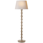 A tall, slender Visual Comfort Bamboo Floor Lamp with a distressed white wooden base and a plain light beige lampshade, suitable for an E26 socket, set against a neutral background.