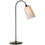 The Visual Comfort Gilded Iron Goose Neck Table Lamp features a black, curved neck, natural paper shade, and circular base. Dimensions: 28.5" high by 18.25" wide.