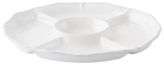 The Juliska Berry & Thread Whitewash Crudite Platter is a white ceramic serving piece with five outer compartments, a central round section, scalloped edge, and elegant thread and berry motif.