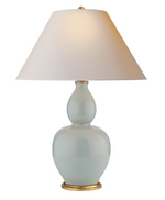 A Visual Comfort Yue Double Gourd Table Lamp in Ice Blue with a white shade.