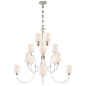 The Clarice Large Chandelier by Visual Comfort features two tiers, ten white lampshades, a crystal and polished nickel frame, and hangs from the ceiling by a chain.