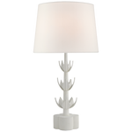 The Alberto Large Triple Table Lamp by Visual Comfort is plaster white with a fabric shade, a decorative leaf-patterned base, and features an E26 dimmer socket for adjustable lighting.
