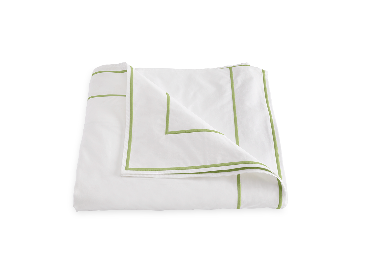 The Matouk Ansonia Bedding Collection, Leaf, features a folded white Egyptian cotton percale blanket with a green line border, displayed on a flat surface.