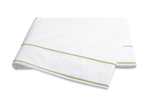 Matouk Ansonia Bedding Collection, Leaf folded towel with a green accent line on a white background, made of OEKO-TEX Standard 100 certified Egyptian cotton percale.