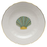 The Herend Aquatic Dessert Plate features a green scallop shell design at the center, highlighted by a 24k gold rim, on white ceramic—reminiscent of classic hand-painted Herend porcelain craftsmanship.