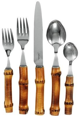 Introducing the Juliska Natural Bamboo 5 Piece Flatware Set, featuring an elegant set of bamboo cutlery made with a bamboo handle and finished with stainless steel. This set includes a spoon and fork, perfect for.
