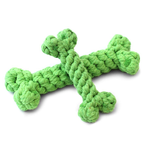 Two Green Bone Rope Dog Toys, Large, perfect for flossing a dog's teeth, on a white background. Brand: Harry Barker.