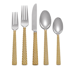 The Michael Aram 5 Piece Flatware Set in gold features woven pattern handles and includes two forks, a knife, a tablespoon, and a teaspoon from the Palm Collection, all arranged in a row.