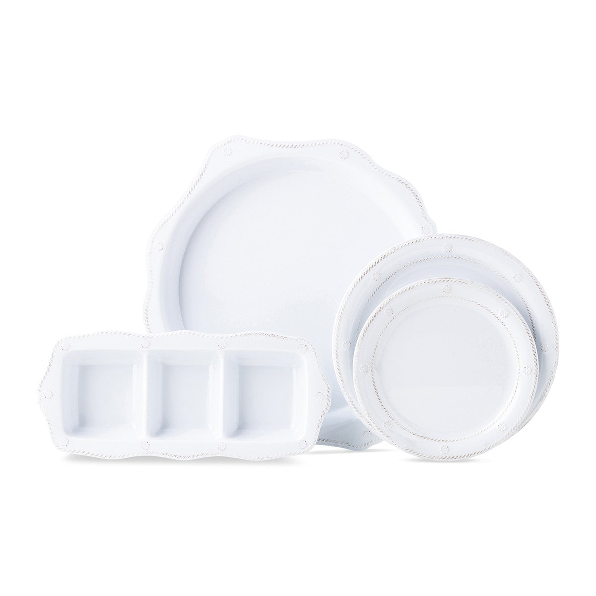The Juliska Berry & Thread Melamine Whitewash Triple Section Server is a white serving piece with scalloped edges and three sections—dishwasher safe for easy cleanup.