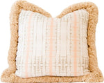 The Backbone Petal Pillow by Hive Custom Pillows is a handmade decorative item in the USA, featuring a beige patterned fabric with a fluffy tan border and measuring 22" x 22".
