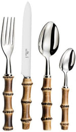 The Alain Saint Joanis Bamboo 5 Piece Flatware Set, Stainless Steel, featuring bamboo handles and stainless steel heads, is displayed side by side on a white background.