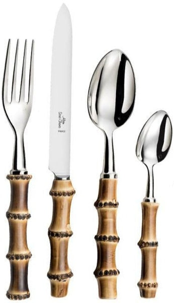 A Alain Saint-Joanis 5 Piece Bamboo Flatware Set with bamboo-style handles, including a fork, a knife, and two spoons of different sizes.