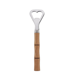 The Sabre Bamboo Bottle Opener features a metal head and a bamboo-style wooden handle, shown isolated on a white background.